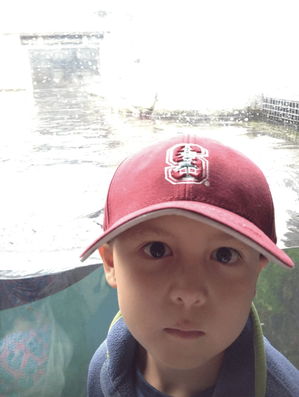A picture of toddler me wearing a Stanford baseball cap